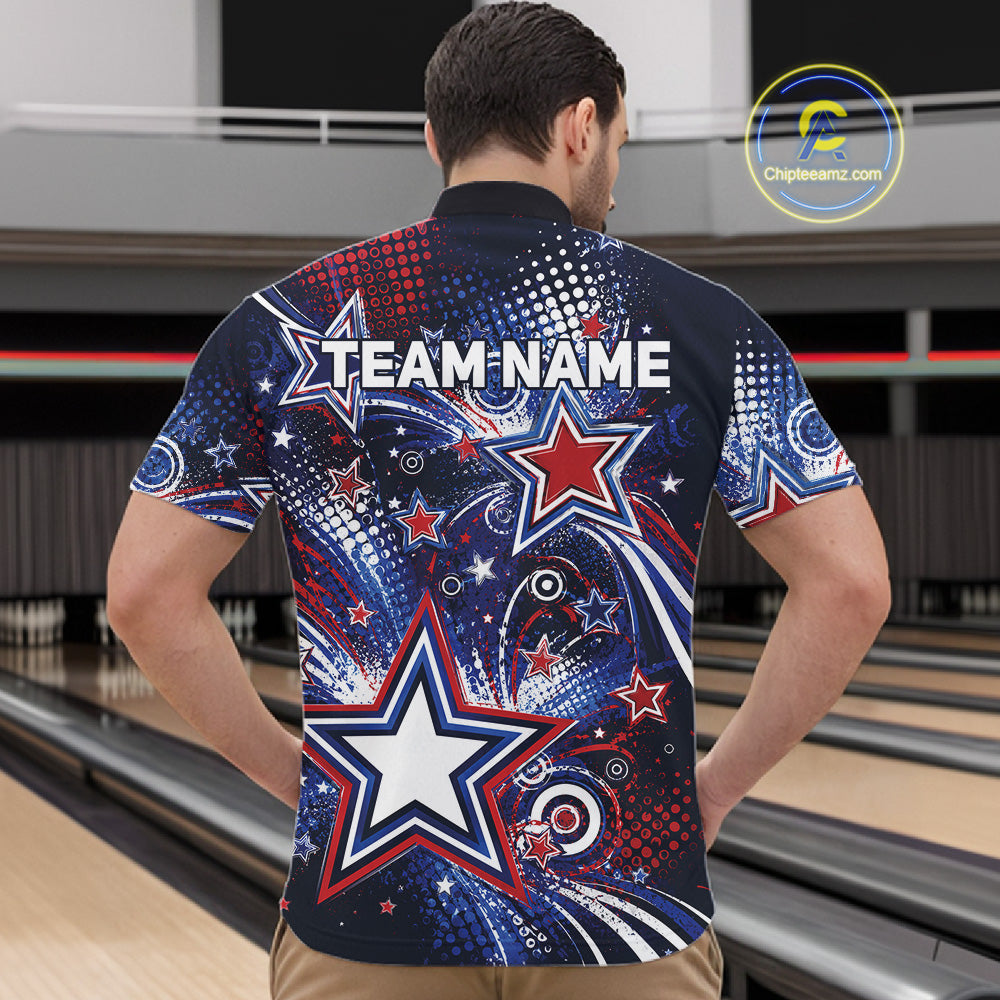 Back view of a male model in a bowling alley wearing a custom quarter zip bowling shirt featuring red, white, and blue patriotic stars, halftone dots, and a grunge texture design.