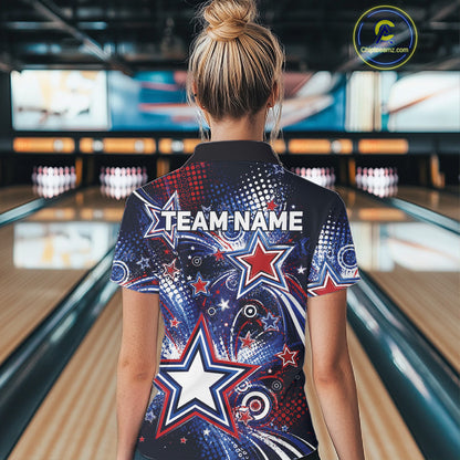 Back view of a female model in a bowling alley wearing a custom quarter zip bowling shirt featuring red, white, and blue patriotic stars, halftone dots, and a grunge texture design.