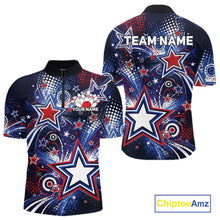 Load image into Gallery viewer, Front and back views of a custom quarter zip bowling shirt featuring red, white, and blue patriotic stars, halftone dots, and a grunge texture design.