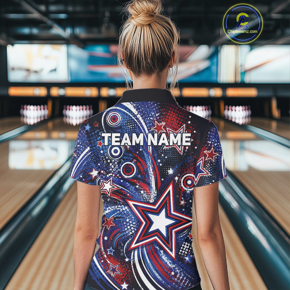 Back view of a female model in a bowling alley wearing a custom bowling polo shirt featuring red, white, and blue patriotic stars, halftone dots, and a grunge texture design.