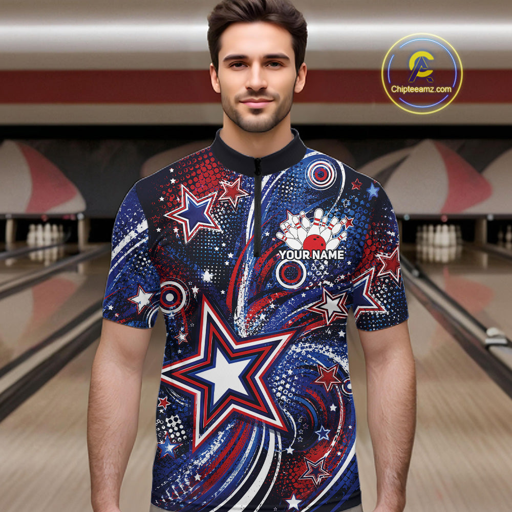 Front view of a male model in a bowling alley wearing a custom quarter zip bowling shirt featuring red, white, and blue patriotic stars, halftone dots, and a grunge texture design.