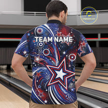 Load image into Gallery viewer, Back view of a male model in a bowling alley wearing a custom quarter zip bowling shirt featuring red, white, and blue patriotic stars, halftone dots, and a grunge texture design.