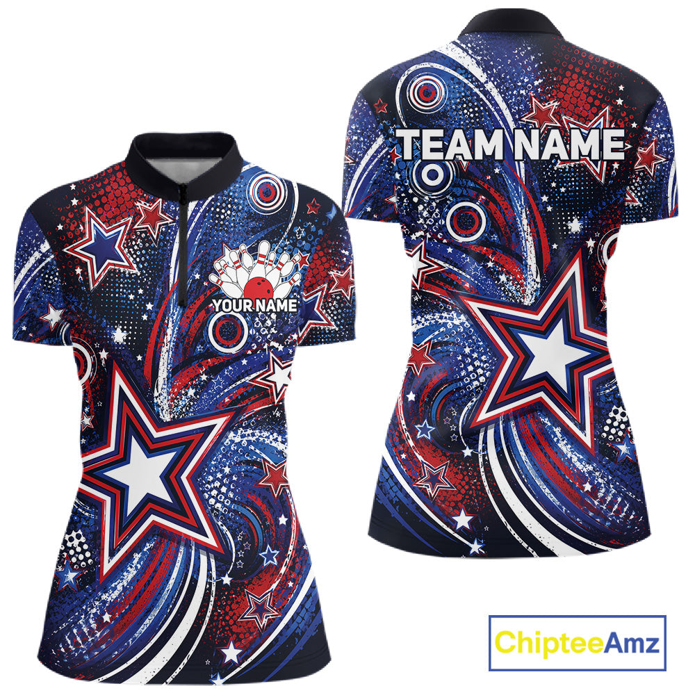 Front and back views of a custom women's quarter zip bowling shirt featuring red, white, and blue patriotic stars, halftone dots, and a grunge texture design.