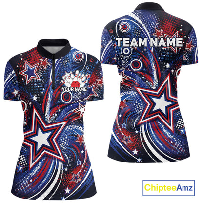 Front and back views of a custom women's quarter zip bowling shirt featuring red, white, and blue patriotic stars, halftone dots, and a grunge texture design.