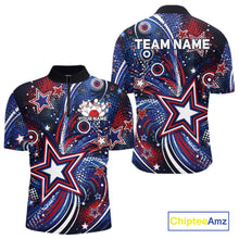 Load image into Gallery viewer, Front and back views of a custom quarter zip bowling shirt featuring red, white, and blue patriotic stars, halftone dots, and a grunge texture design.