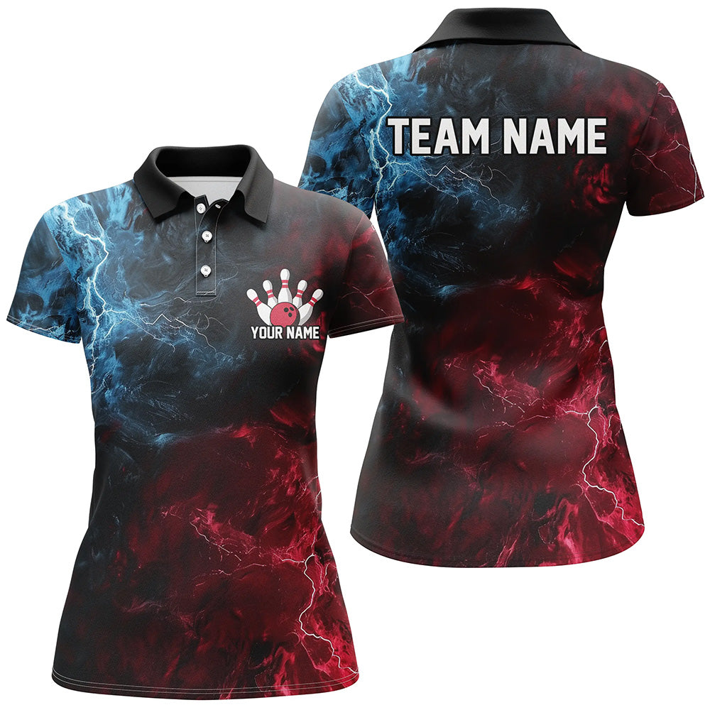 Blue And Red Thunder Lightning Custom Bowling Uniforms, Patriotic Bowling Shirts For Women IPHW7315