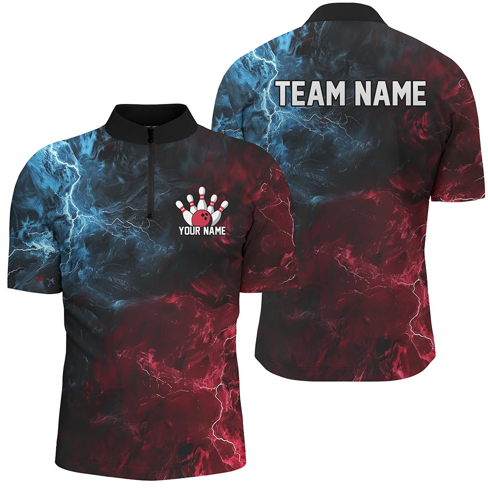 Blue And Red Thunder Lightning Custom Bowling Uniforms, Patriotic Bowling Shirts For Men IPHW7315