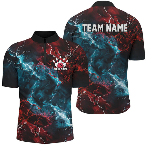 Blue And Red Thunder Lightning Custom Bowling Uniforms, Patriotic Bowling Shirts For Men IPHW7316