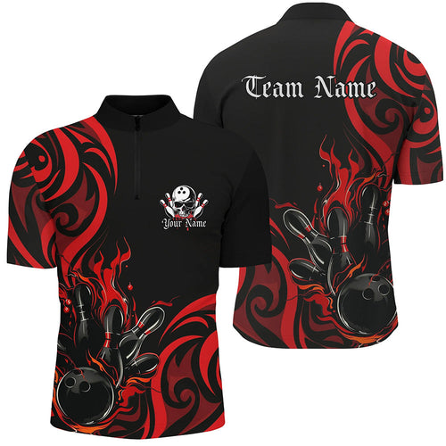 Custom Black And Red Flame Bowling Shirts For Men, Bowling League Shirts Team Jerseys IPHW7322