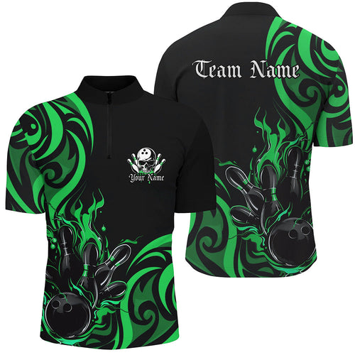 Custom Black And Green Flame Bowling Shirts For Men, Bowling League Shirts Team Jerseys IPHW7323