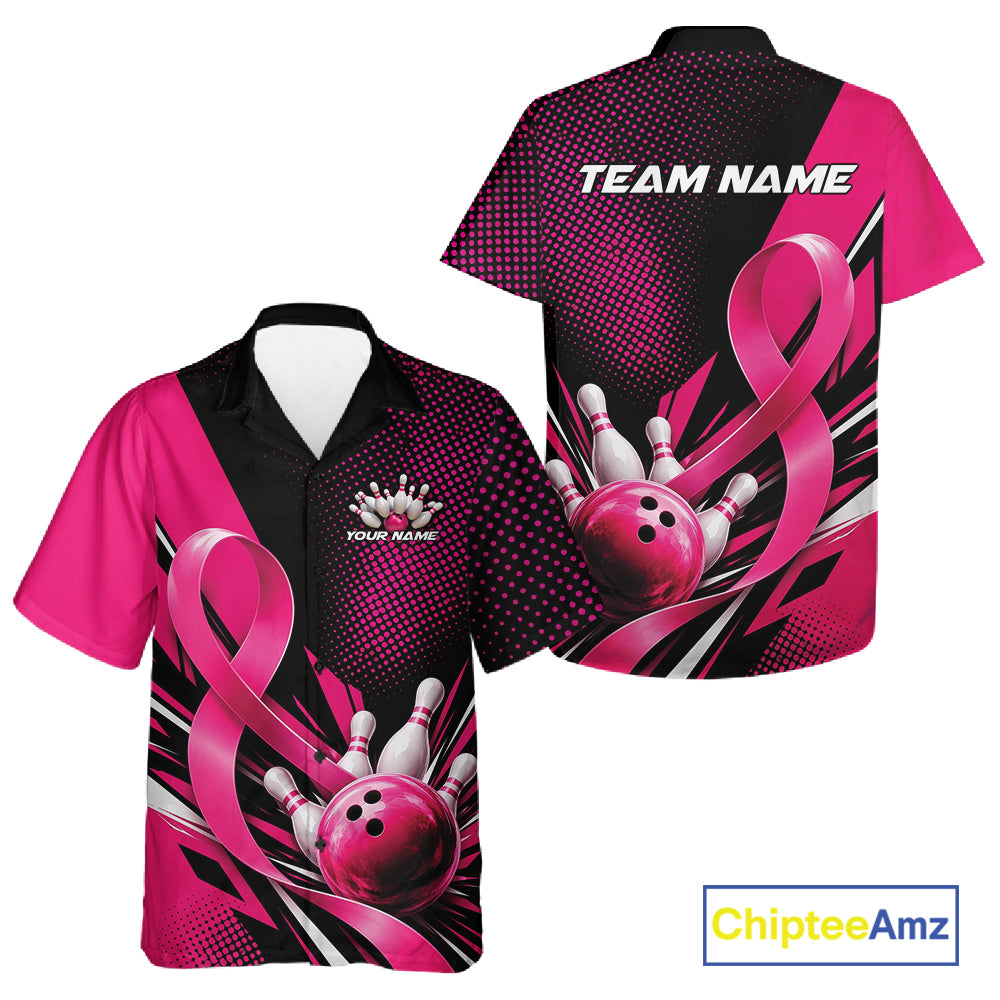 Custom Black And Pink Ribbon Breast Cancer Awareness Bowling Team Jersey Men And Women Button Up Shirt IPHW12055