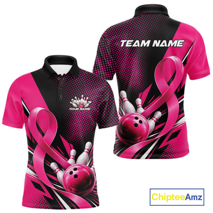 Custom Black And Pink Ribbon Breast Cancer Awareness Bowling Team Jersey Men Polo Shirt IPHW12055