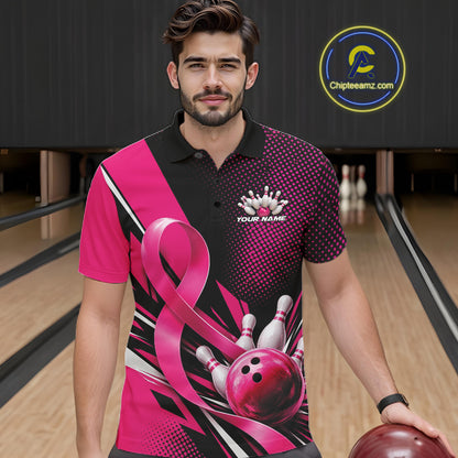 Custom Black And Pink Ribbon Breast Cancer Awareness Bowling Team Jersey Men Polo Shirt IPHW12055