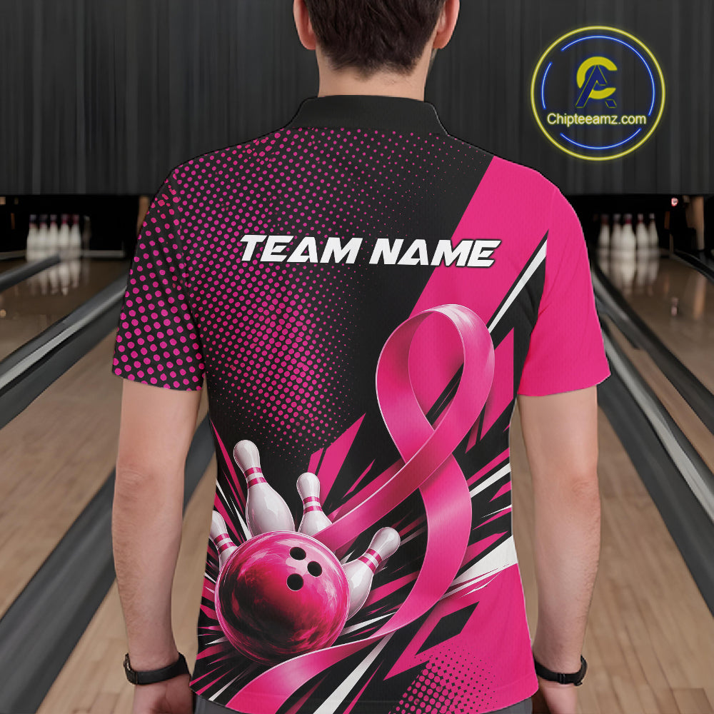 Custom Black And Pink Ribbon Breast Cancer Awareness Bowling Team Jersey Men Polo Shirt IPHW12055
