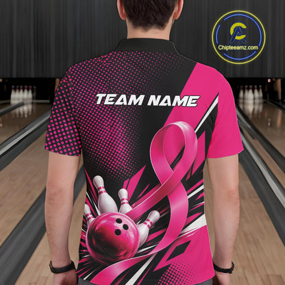Custom Black And Pink Ribbon Breast Cancer Awareness Bowling Team Jersey Men Polo Shirt IPHW12055
