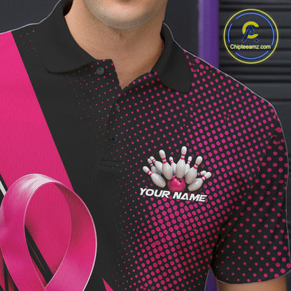 Custom Black And Pink Ribbon Breast Cancer Awareness Bowling Team Jersey Men Polo Shirt IPHW12055