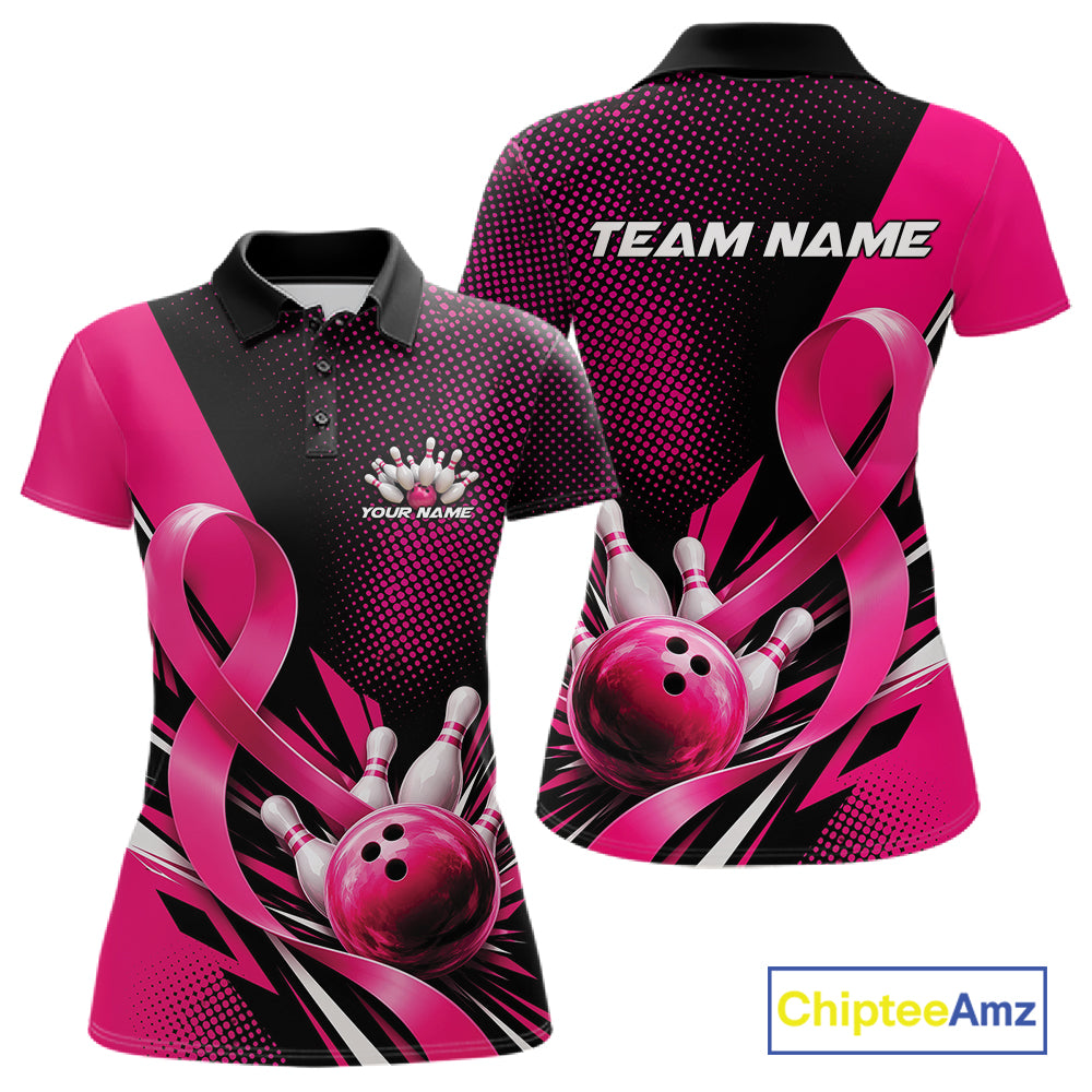 Custom Black And Pink Ribbon Breast Cancer Awareness Bowling Team Jersey Women Polo Shirt IPHW12055