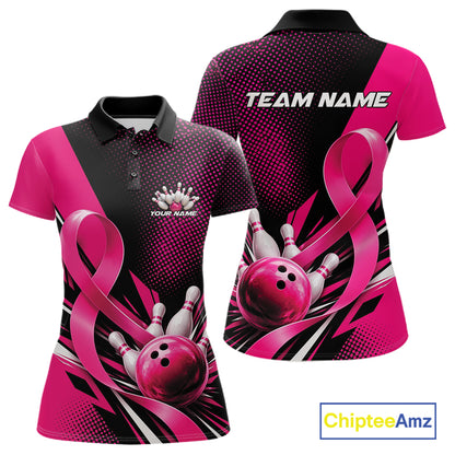 Custom Black And Pink Ribbon Breast Cancer Awareness Bowling Team Jersey Women Polo Shirt IPHW12055