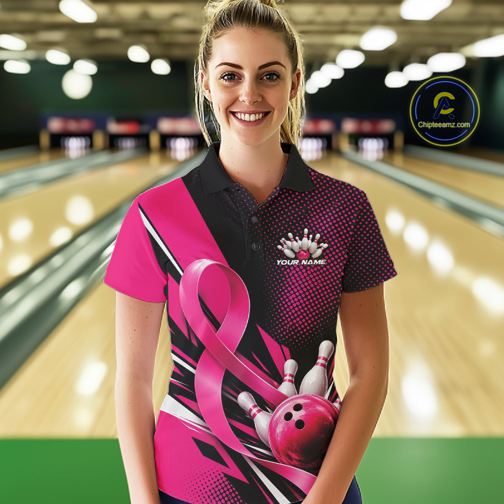 Custom Black And Pink Ribbon Breast Cancer Awareness Bowling Team Jersey Women Polo Shirt IPHW12055