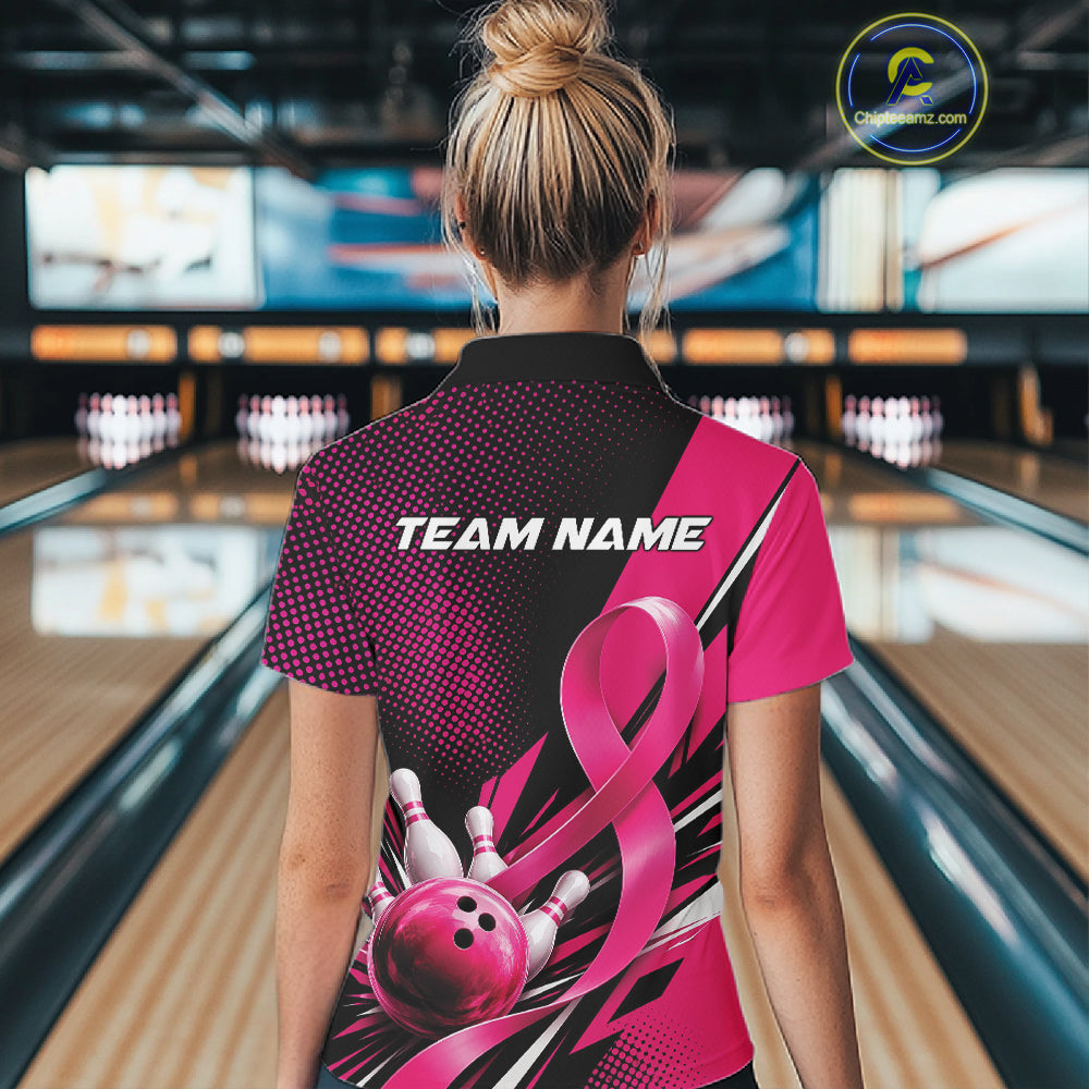 Custom Black And Pink Ribbon Breast Cancer Awareness Bowling Team Jersey Women Polo Shirt IPHW12055