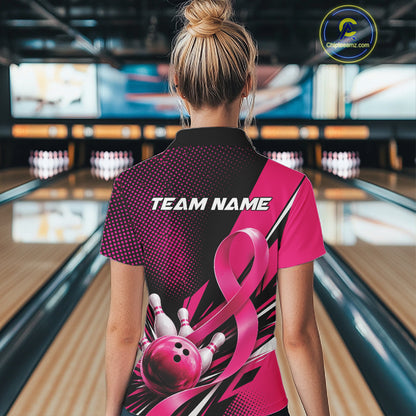 Custom Black And Pink Ribbon Breast Cancer Awareness Bowling Team Jersey Women Polo Shirt IPHW12055