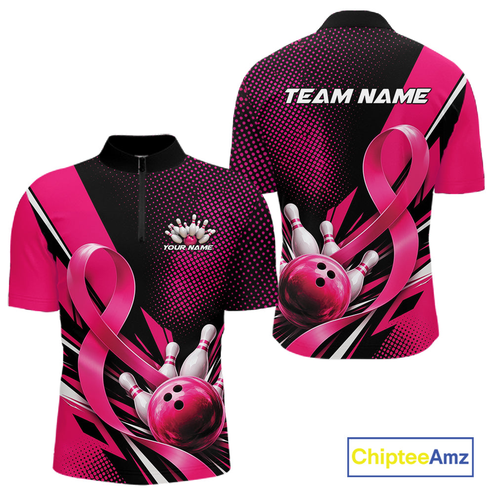 Custom Black And Pink Ribbon Breast Cancer Awareness Bowling Team Jersey Men Quarter Zip Shirt IPHW12055