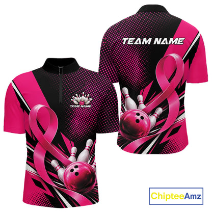 Custom Black And Pink Ribbon Breast Cancer Awareness Bowling Team Jersey Men Quarter Zip Shirt IPHW12055