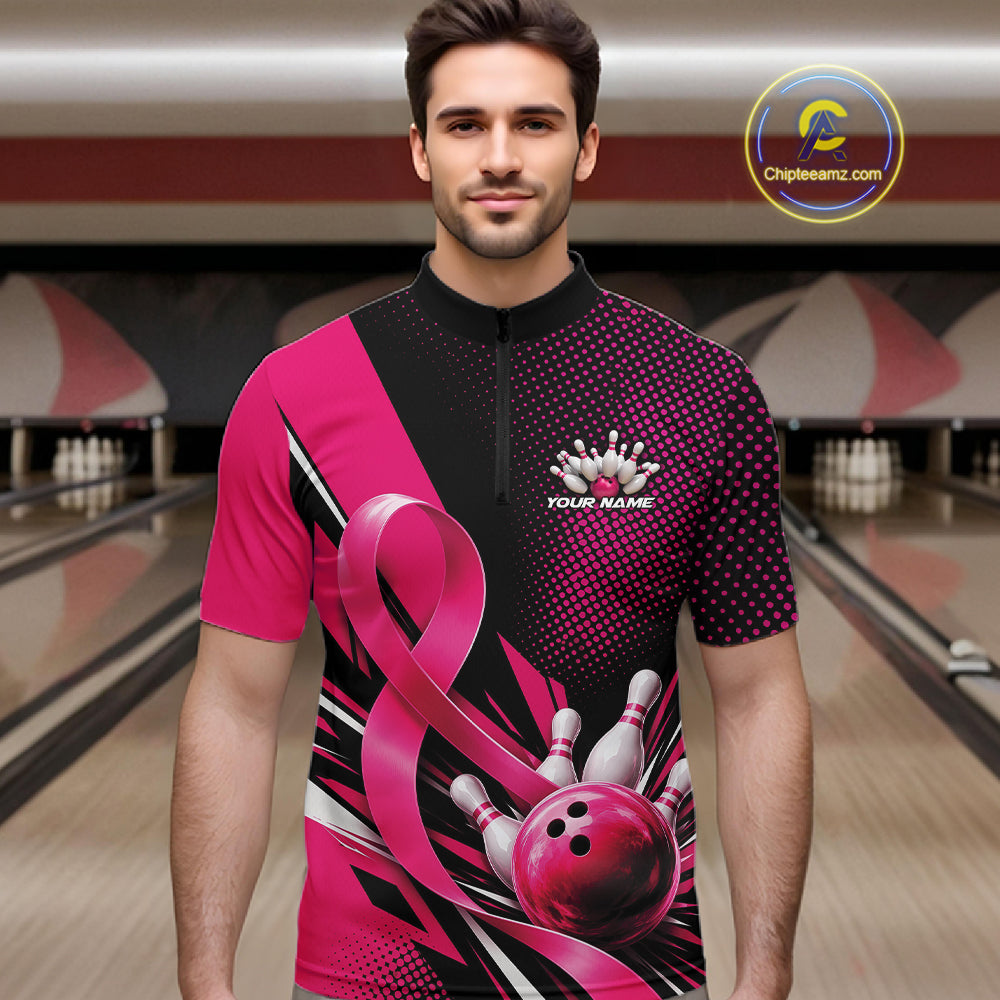 Custom Black And Pink Ribbon Breast Cancer Awareness Bowling Team Jersey Men Quarter Zip Shirt IPHW12055