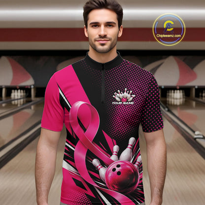 Custom Black And Pink Ribbon Breast Cancer Awareness Bowling Team Jersey Men Quarter Zip Shirt IPHW12055