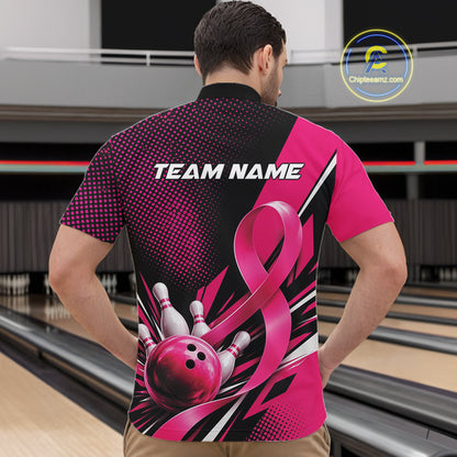 Custom Black And Pink Ribbon Breast Cancer Awareness Bowling Team Jersey Men Quarter Zip Shirt IPHW12055
