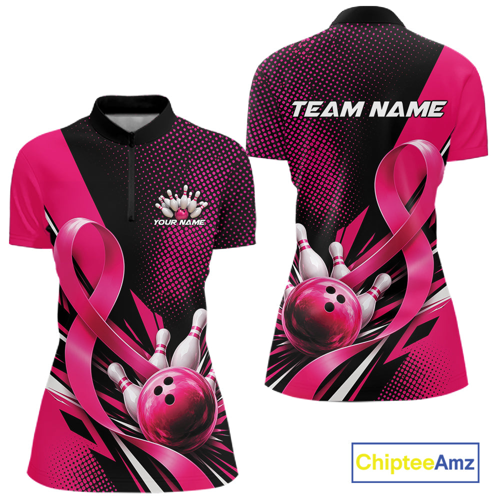 Custom Pink Ribbon Breast Cancer Awareness Bowling Team Jersey Women Quarter-Zip Shirt IPHW12055