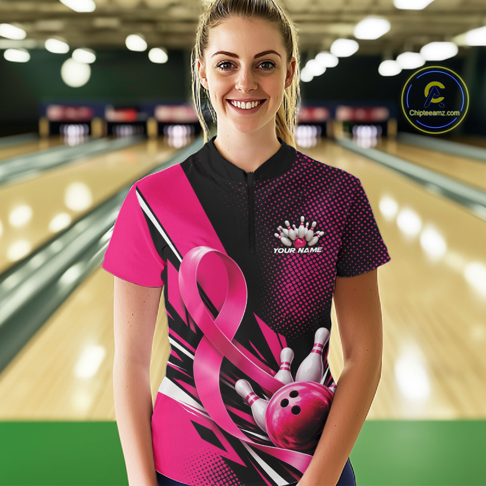 Custom Pink Ribbon Breast Cancer Awareness Bowling Team Jersey Women Quarter-Zip Shirt IPHW12055