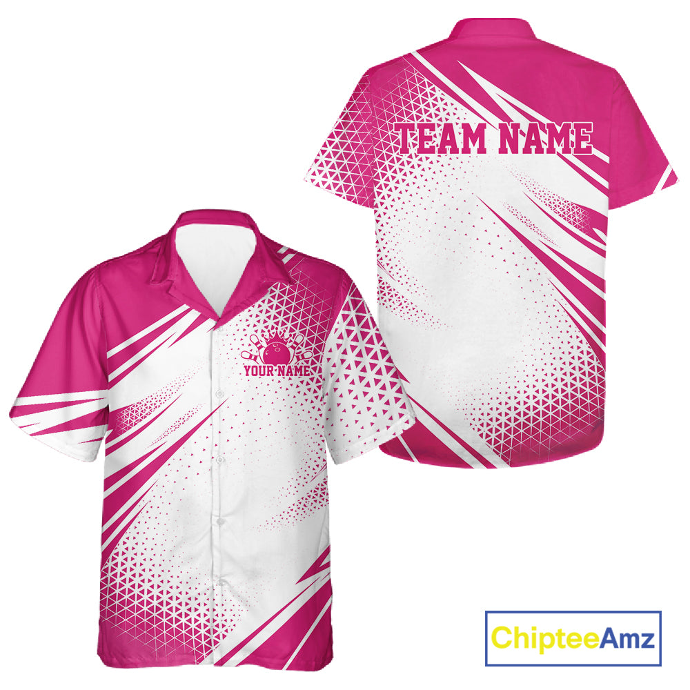 Custom White And Pink Geometric Classic Retro Bowling League Men And Women Button Up Shirt For Team IPHW12063