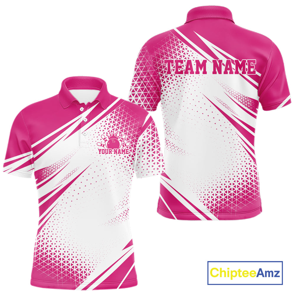 Custom White And Pink Geometric Classic Retro Bowling League Men Polo Shirt For Team IPHW12063