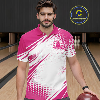 Custom White And Pink Geometric Classic Retro Bowling League Men Polo Shirt For Team IPHW12063