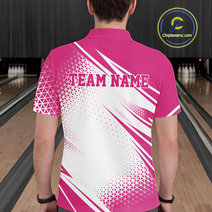 Custom White And Pink Geometric Classic Retro Bowling League Men Polo Shirt For Team IPHW12063
