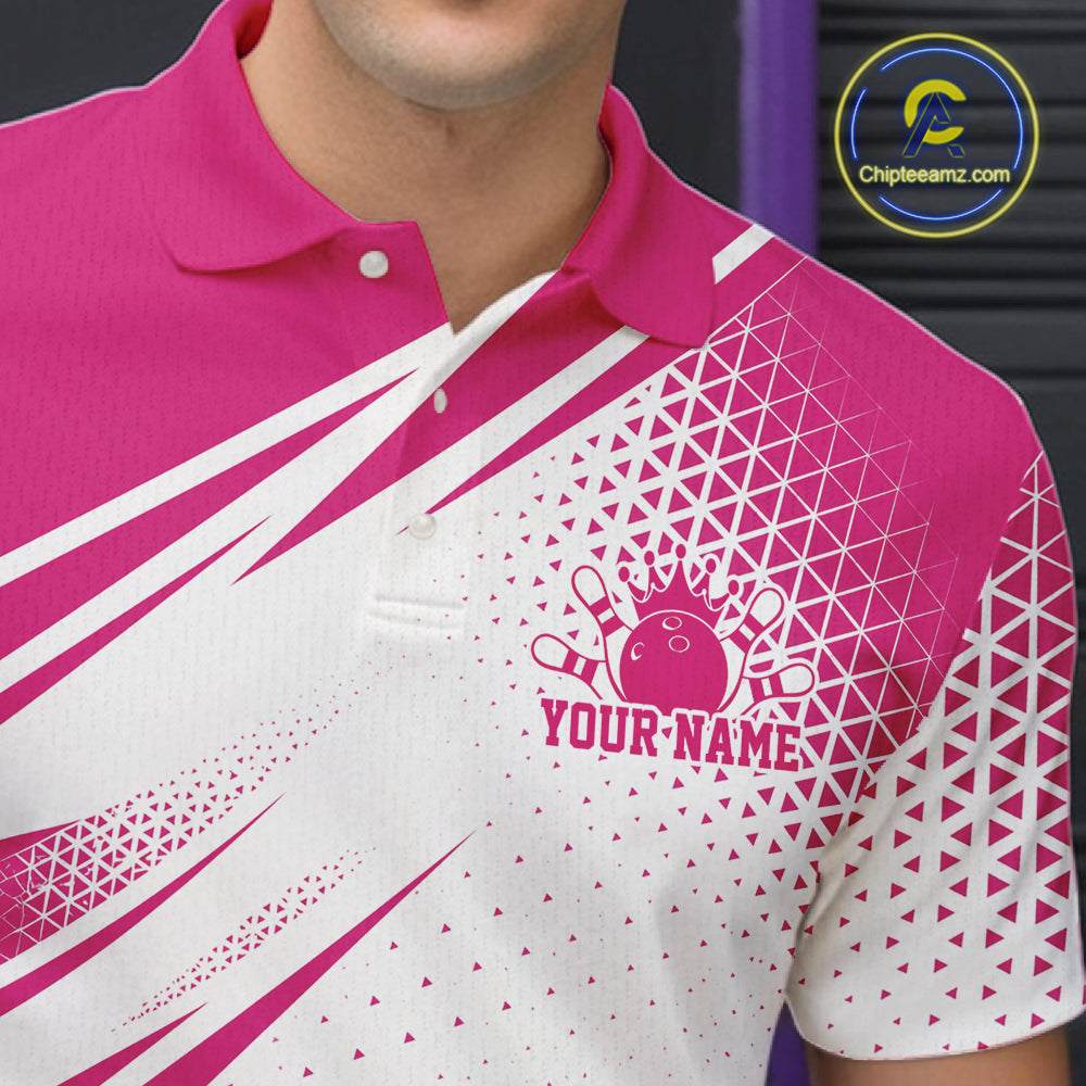 Custom White And Pink Geometric Classic Retro Bowling League Men Polo Shirt For Team IPHW12063