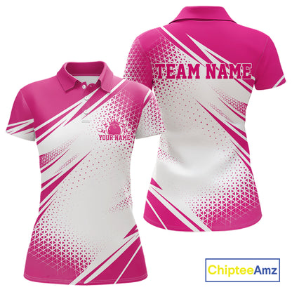 Custom White And Pink Geometric Classic Retro Bowling League Women Polo Shirt For Team IPHW12063