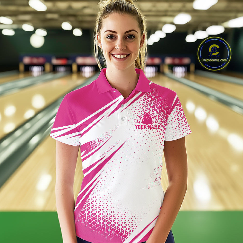 Custom White And Pink Geometric Classic Retro Bowling League Women Polo Shirt For Team IPHW12063