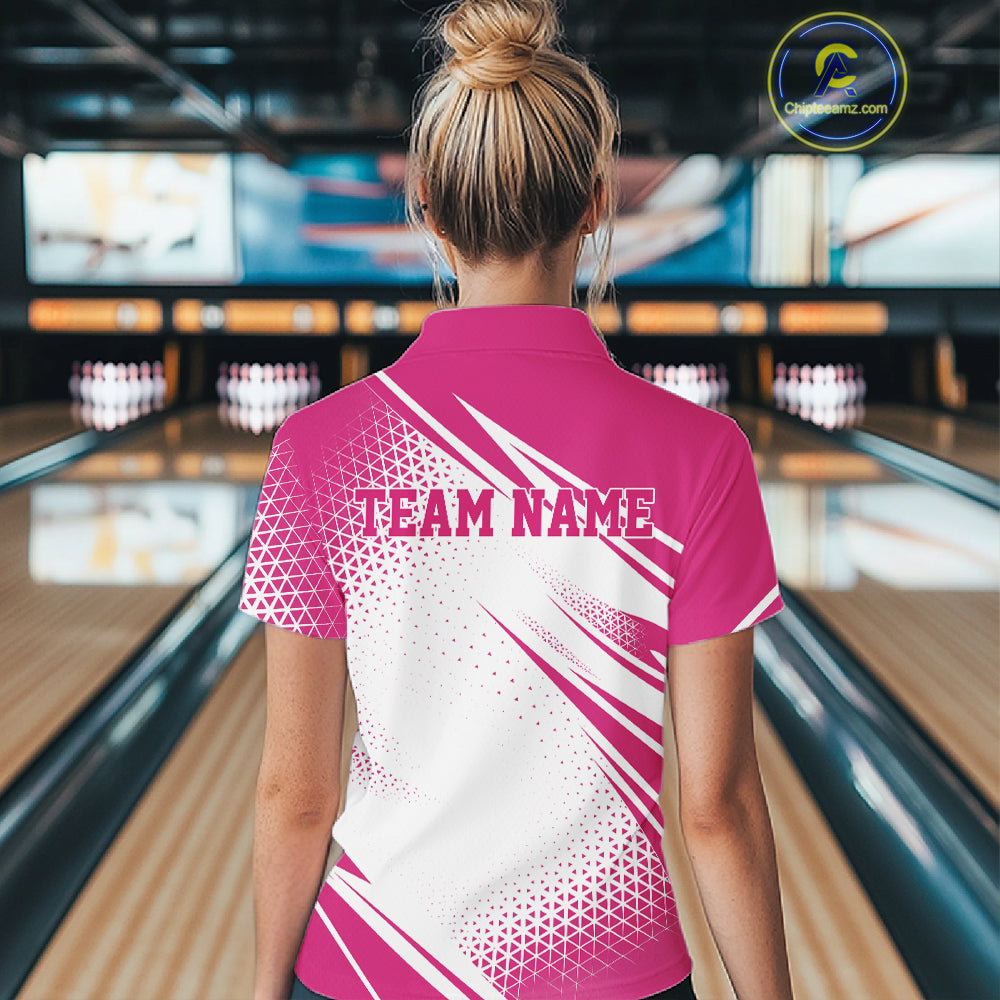 Custom White And Pink Geometric Classic Retro Bowling League Women Polo Shirt For Team IPHW12063