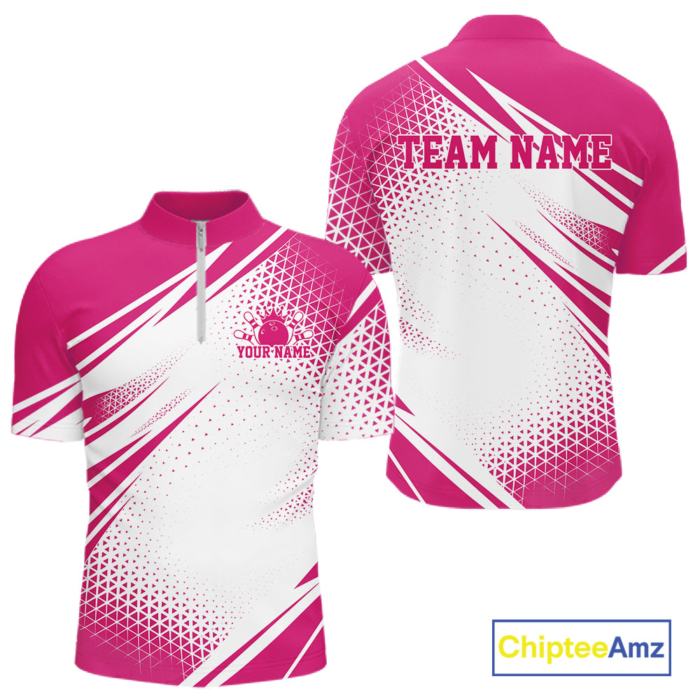 Custom White And Pink Geometric Classic Retro Bowling League Men Quarter Zip Shirt For Team IPHW12063
