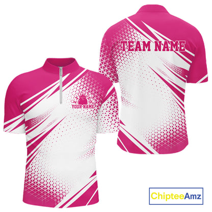 Custom White And Pink Geometric Classic Retro Bowling League Men Quarter Zip Shirt For Team IPHW12063