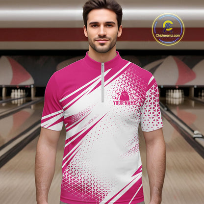 Custom White And Pink Geometric Classic Retro Bowling League Men Quarter Zip Shirt For Team IPHW12063