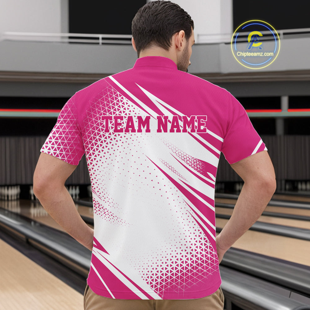 Custom White And Pink Geometric Classic Retro Bowling League Men Quarter Zip Shirt For Team IPHW12063