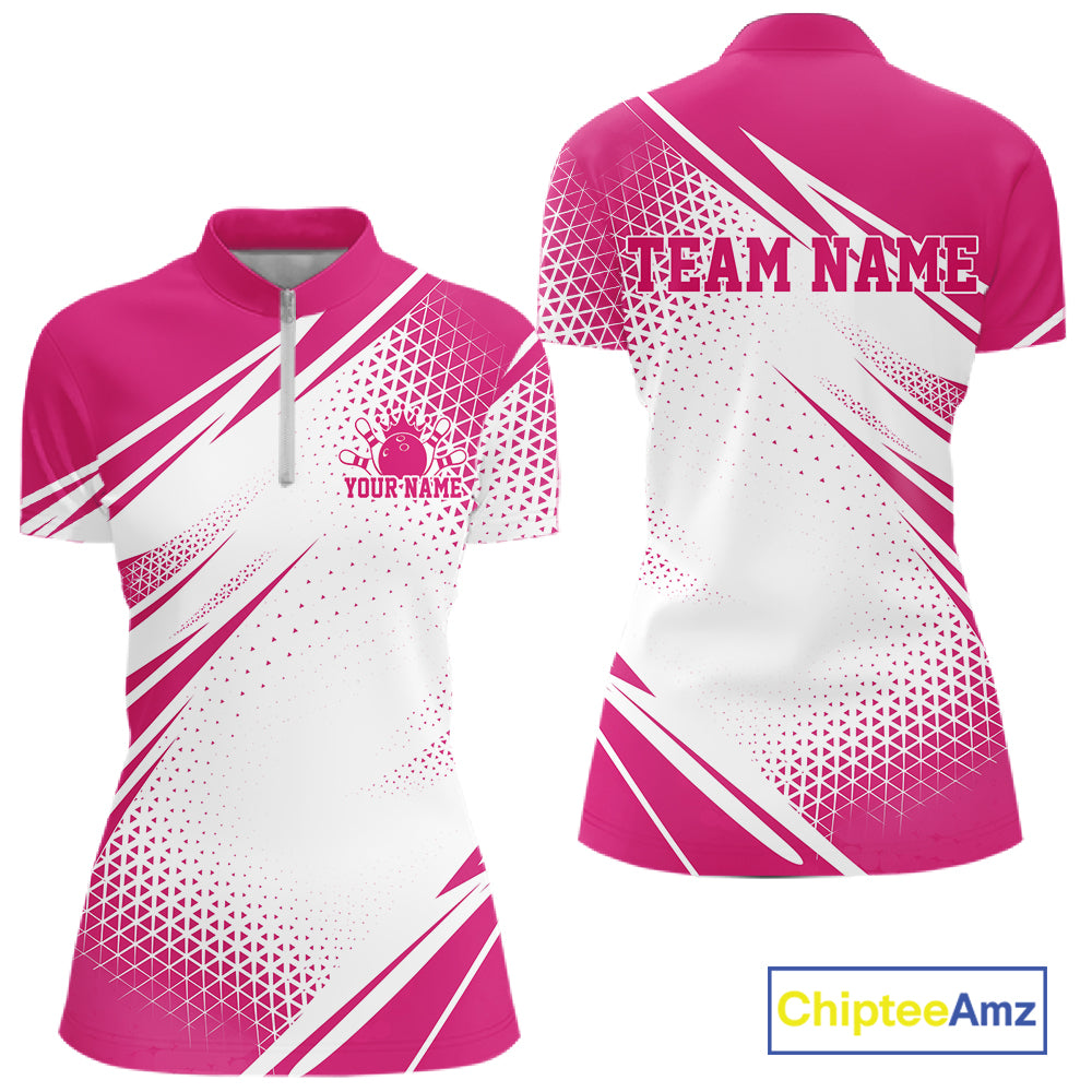 Custom Pink Geometric Classic Retro Bowling League Women Quarter-Zip Shirt For Team IPHW12063