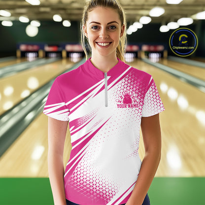Custom Pink Geometric Classic Retro Bowling League Women Quarter-Zip Shirt For Team IPHW12063