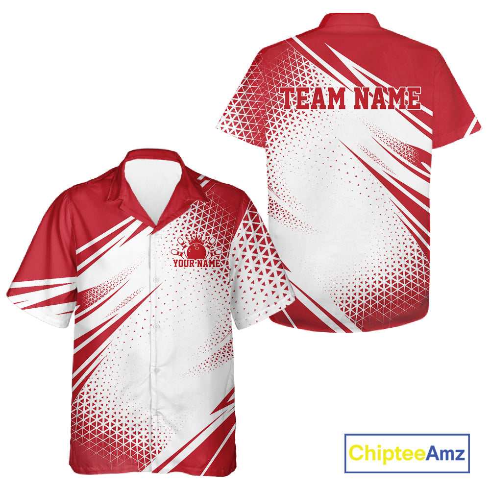 Custom White And Red Geometric Classic Retro Bowling League Men And Women Button Up Shirt For Team IPHW12064