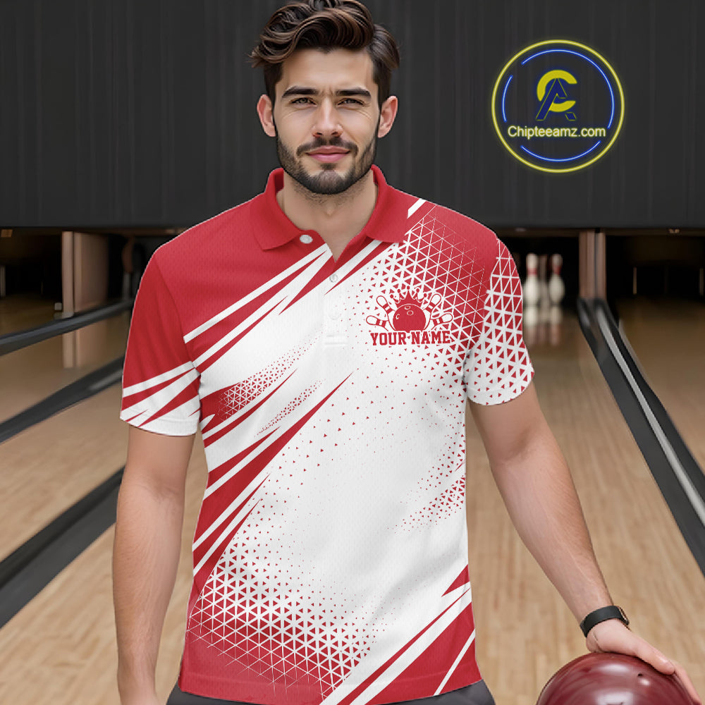 Custom White And Red Geometric Classic Retro Bowling League Men Polo Shirt For Team IPHW12064