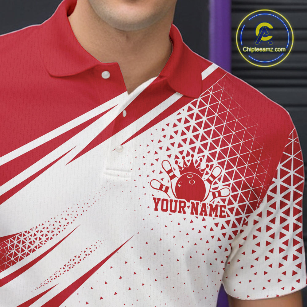 Custom White And Red Geometric Classic Retro Bowling League Men Polo Shirt For Team IPHW12064