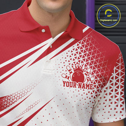 Custom White And Red Geometric Classic Retro Bowling League Men Polo Shirt For Team IPHW12064